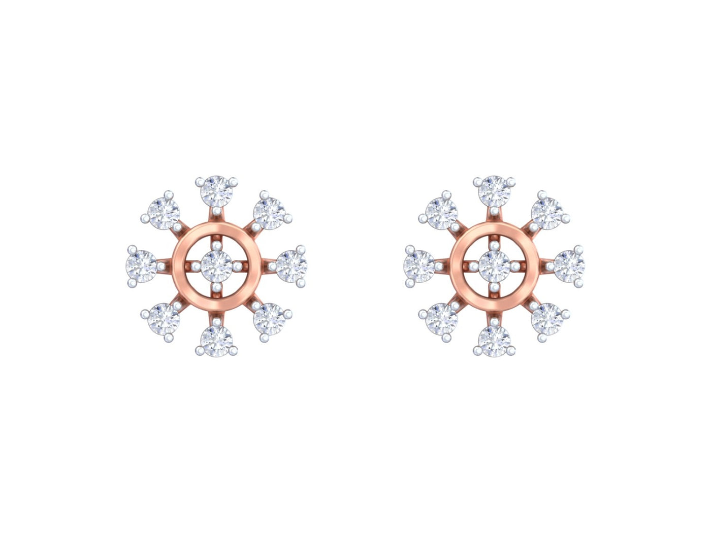 Rose gold and diamond stud earring with floral-design on a white background.