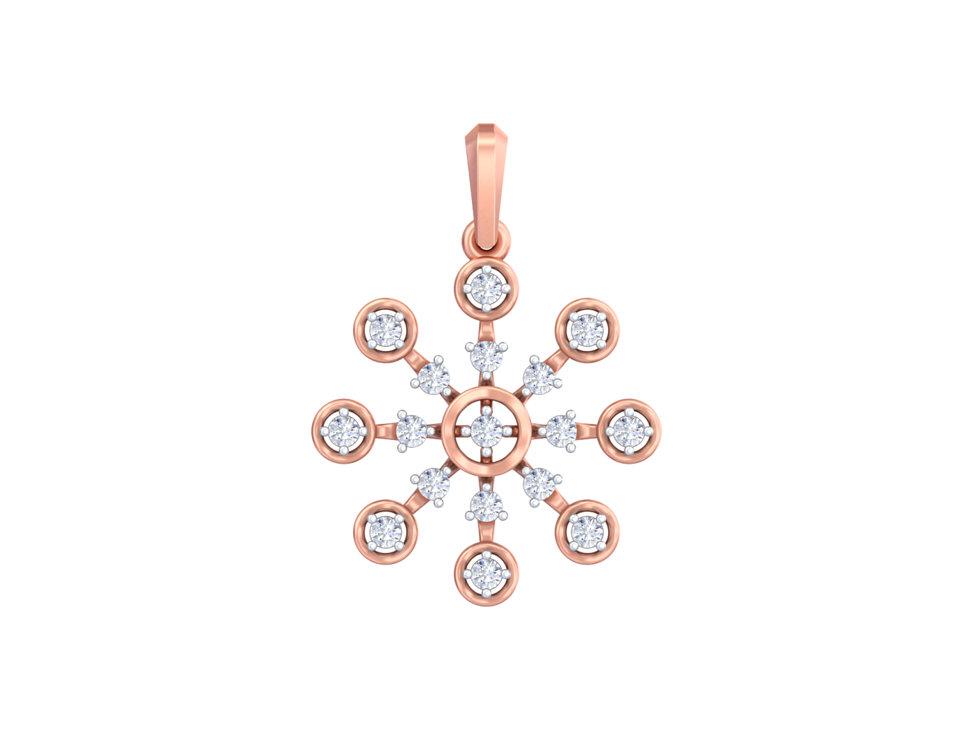 Rose gold snowflake pendant with diamonds on a white background