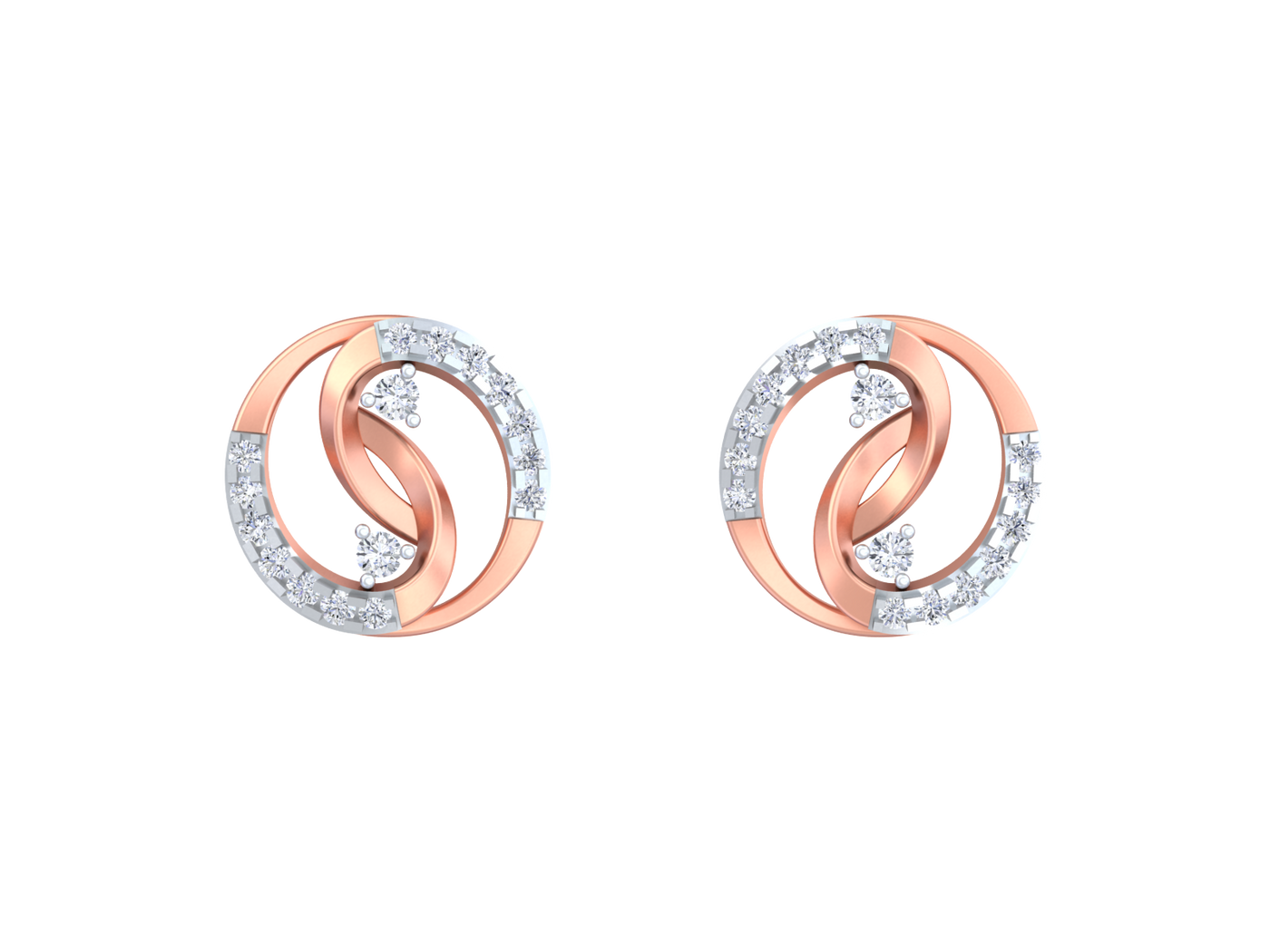 Pair of rose gold and diamond earrings on a white background