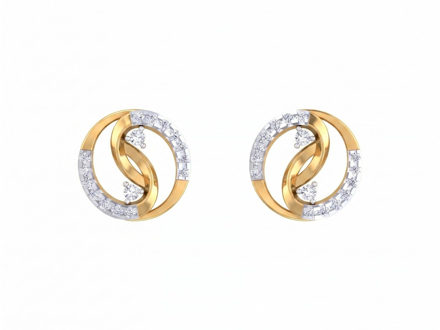 A pair of yellow gold and diamond stud earrings with clear pavé-set round diamonds, featuring an interlocking circular on a plain white background.