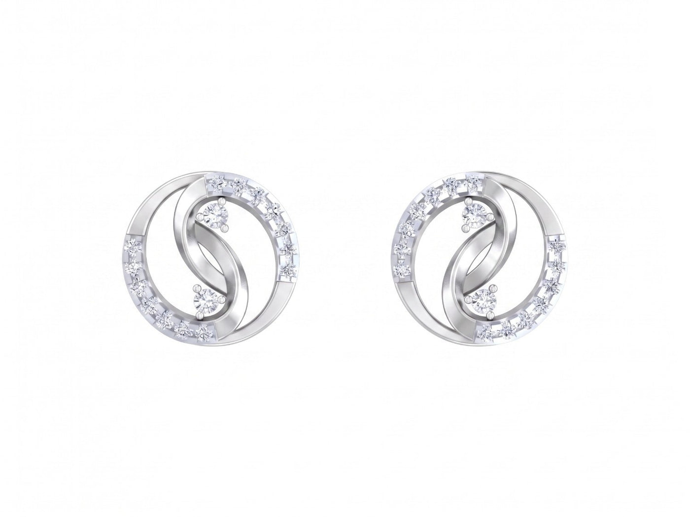 A pair of white gold and diamond stud earrings with clear pavé-set round diamonds, featuring an interlocking circular on a plain white background.