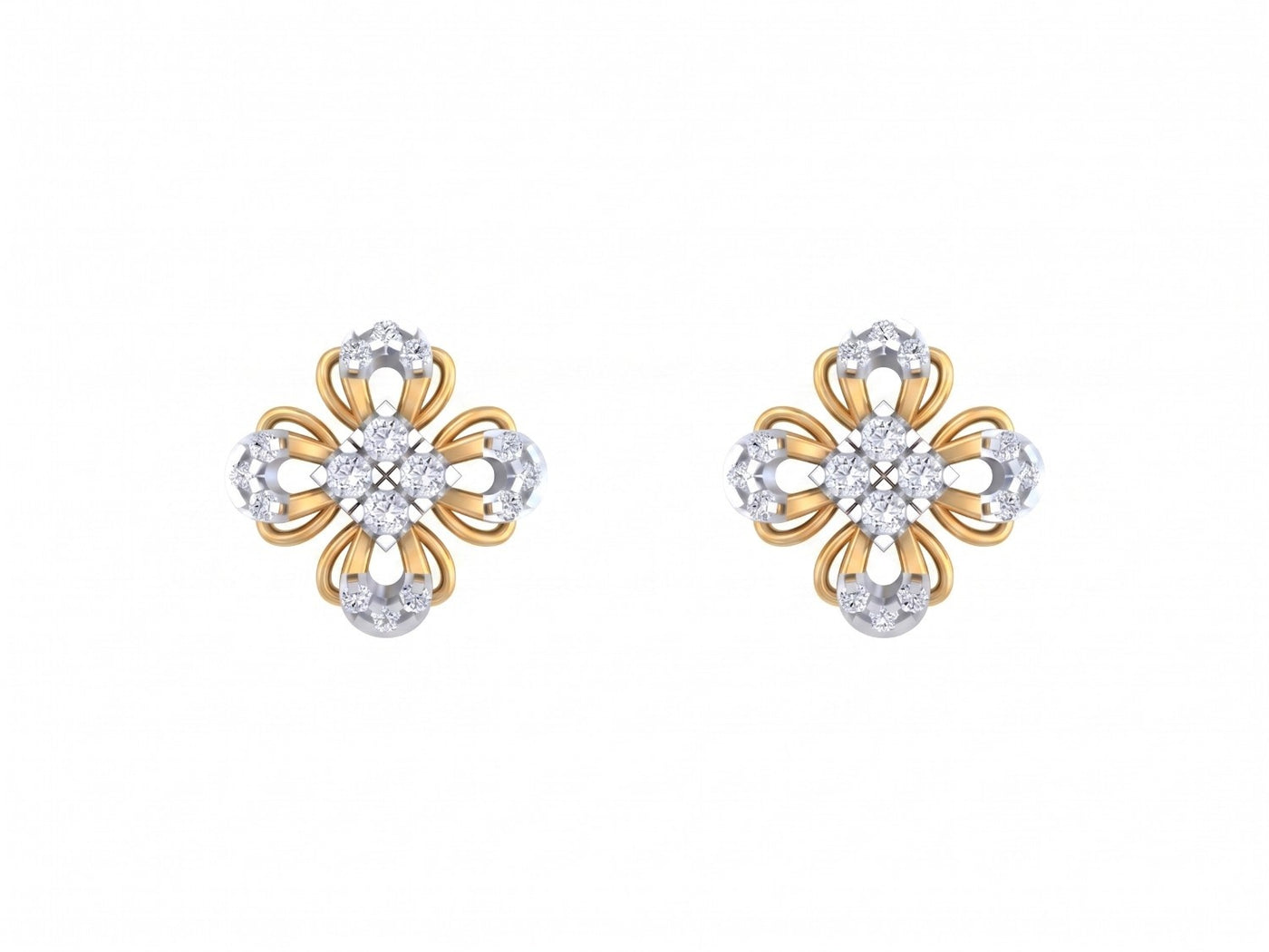 Yellow gold and diamond floral stud earrings on a white background