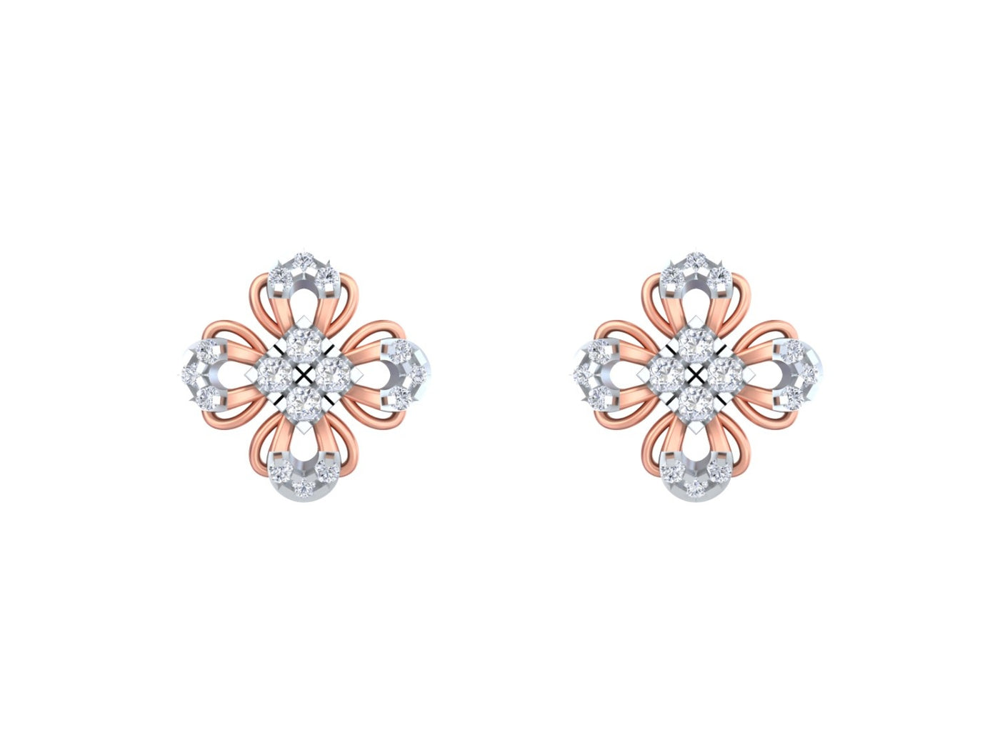 Rose gold and diamond floral stud earrings on a white background
