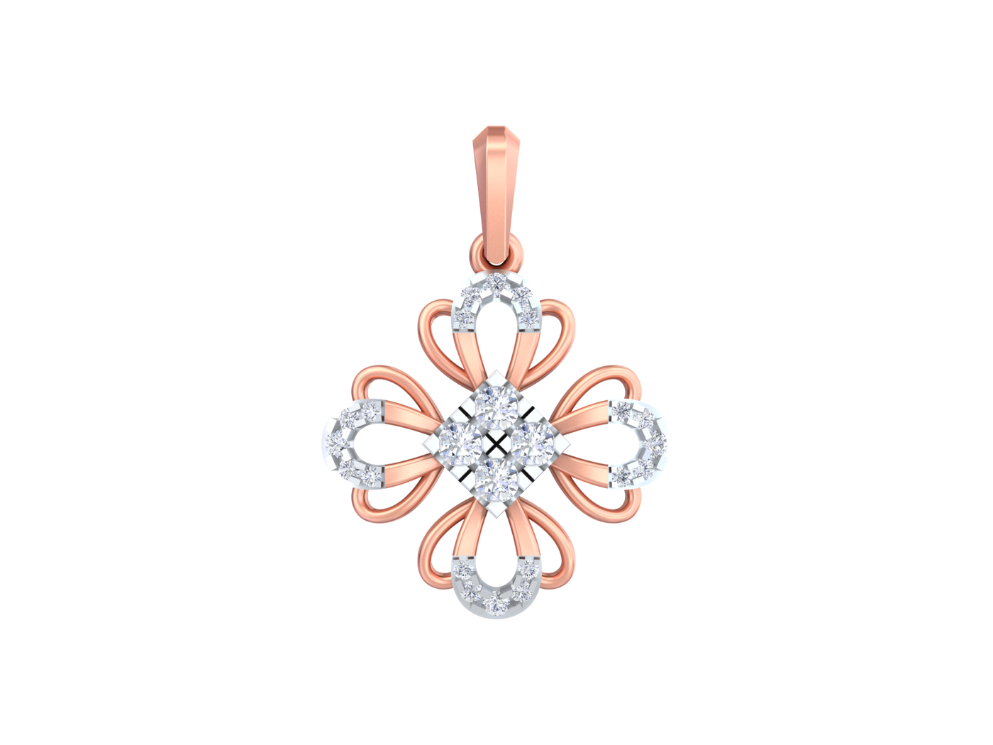 Rose gold and silver floral pendant on a white background
