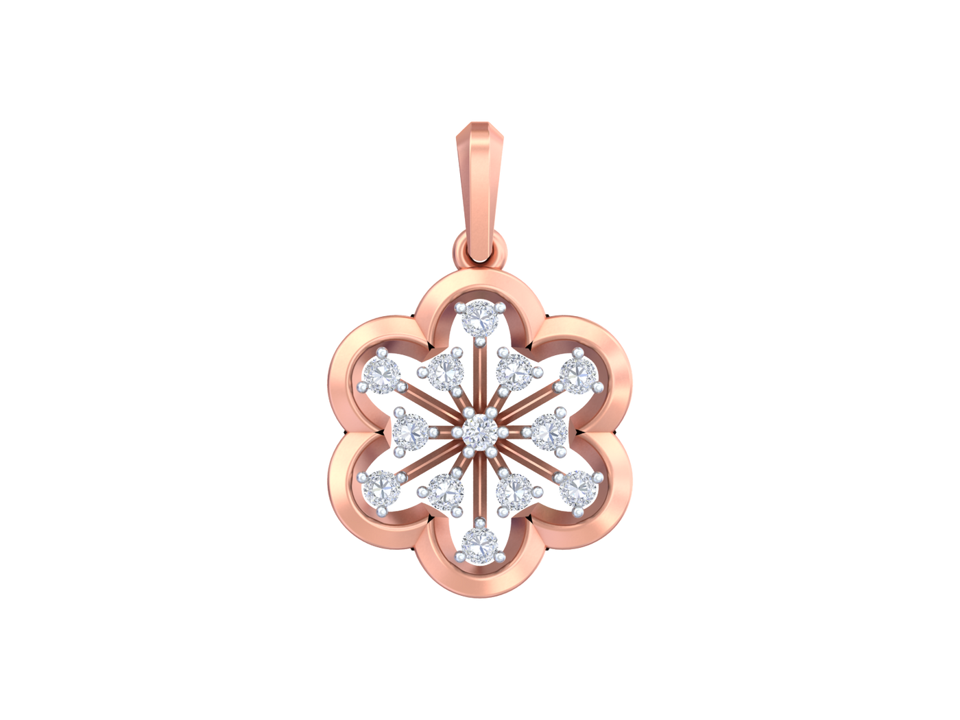 Rose gold pendant with diamond accents on a white background