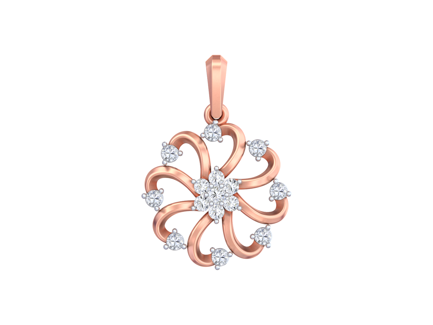Rose gold pendant with diamond accents on a white background