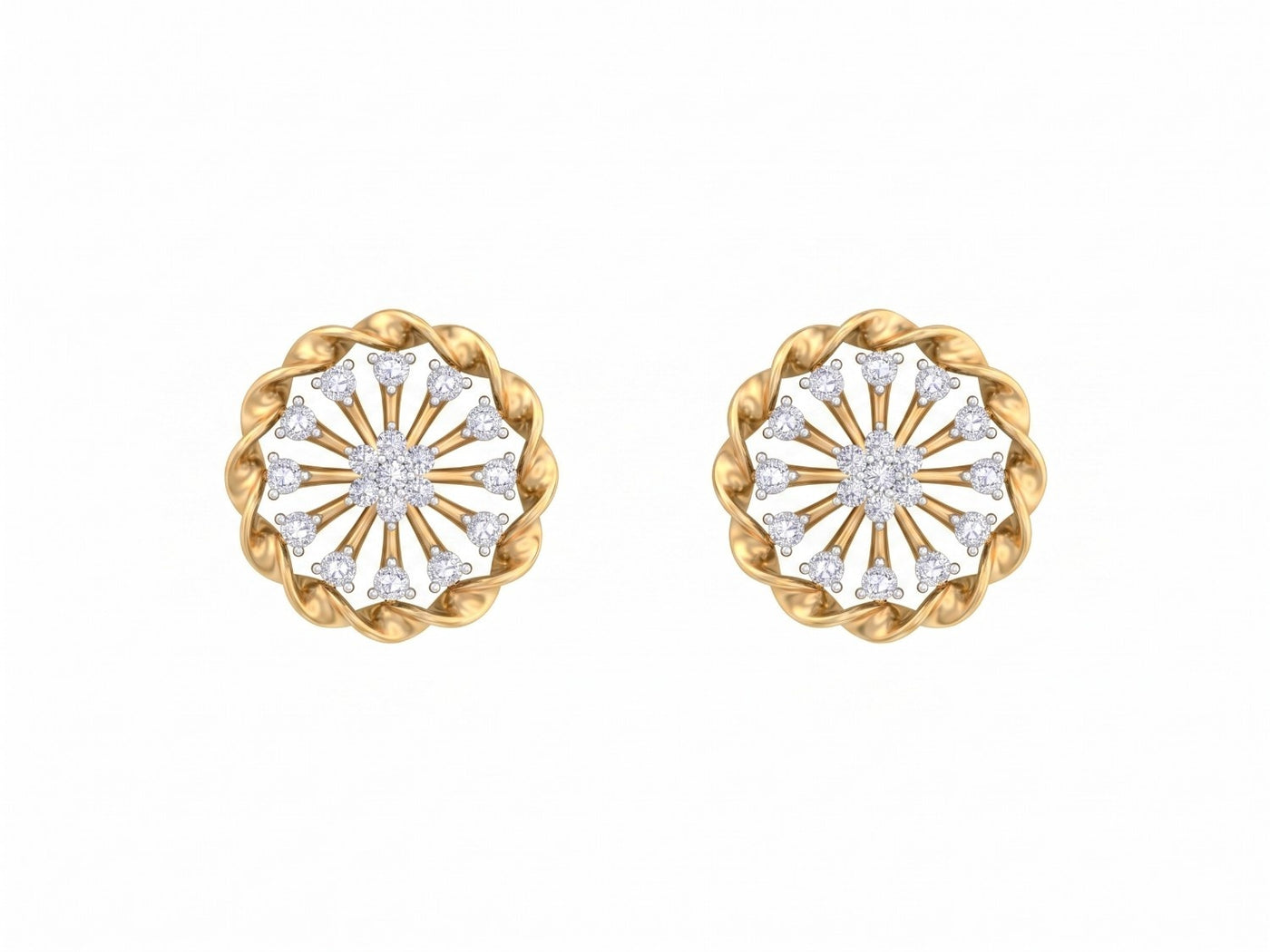 Yellow gold and diamond stud earring with round-shaped on a white background.