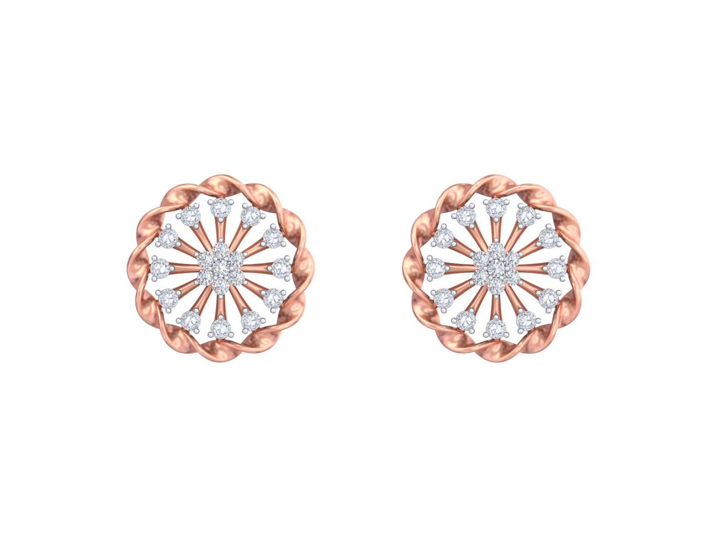 Rose gold and diamond stud earring with round-shaped on a white background.