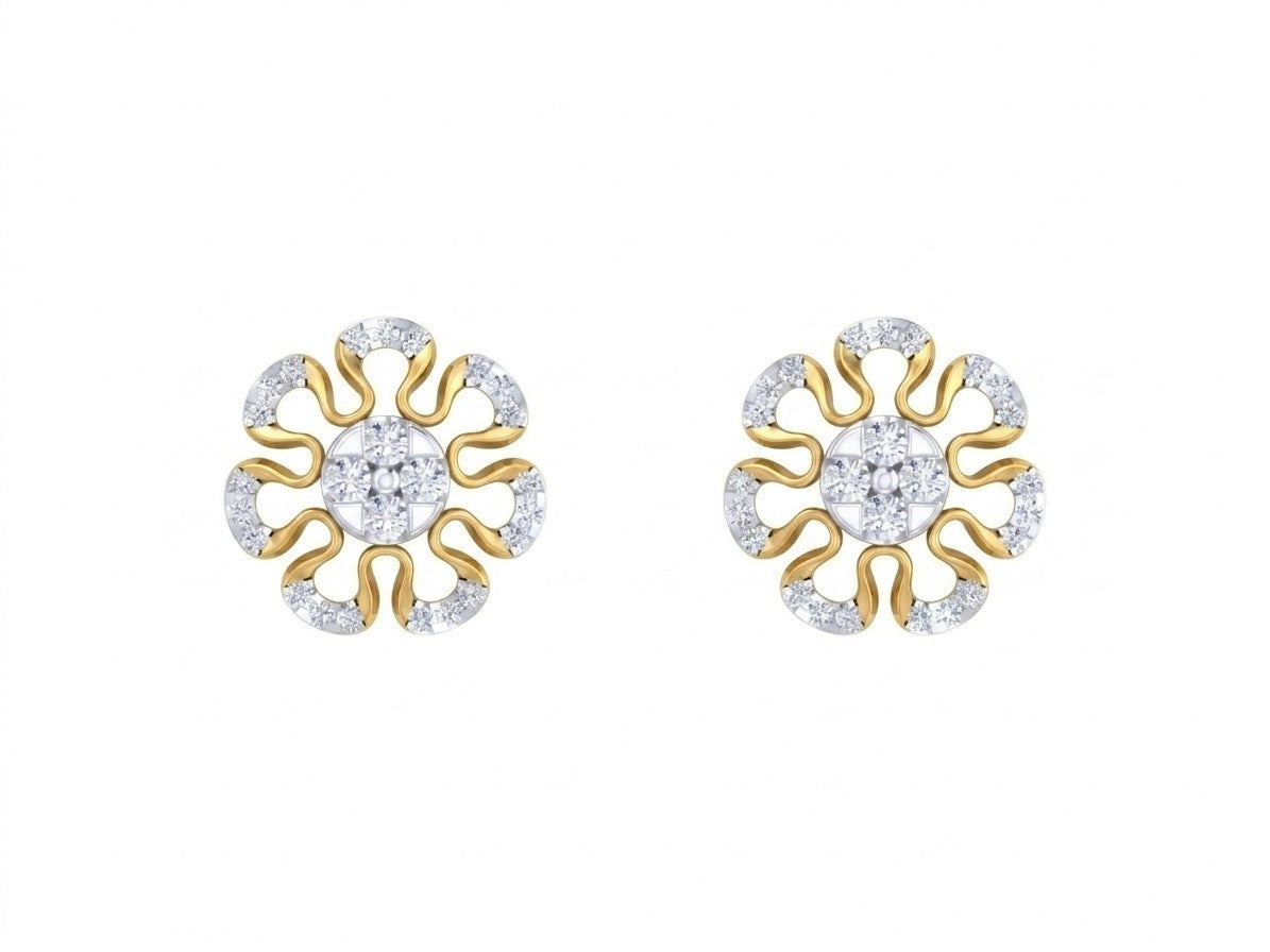 Yellow gold and diamond stud earring with floral-design on a white background.