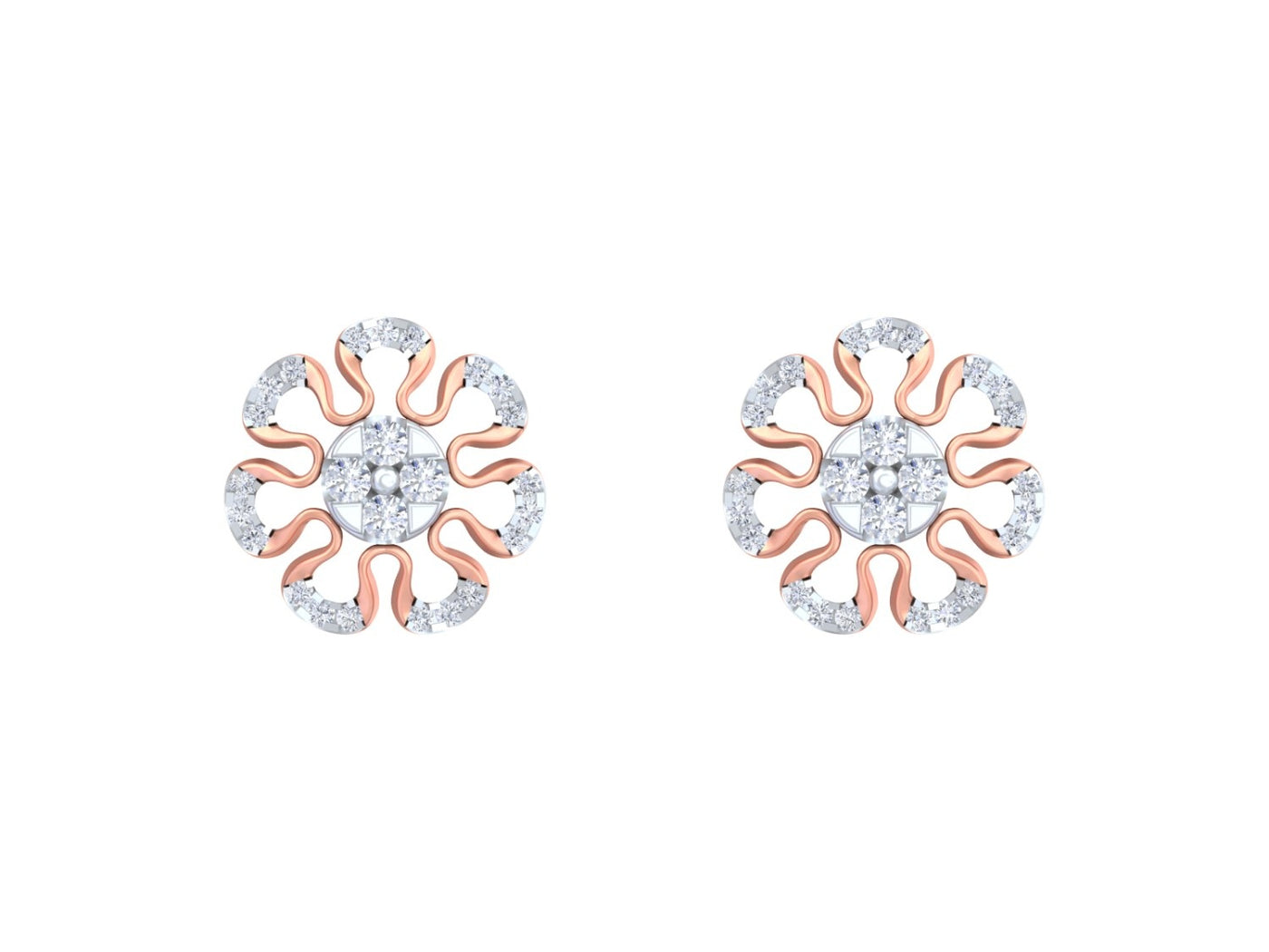 Rose gold and diamond stud earring with floral-design on a white background.