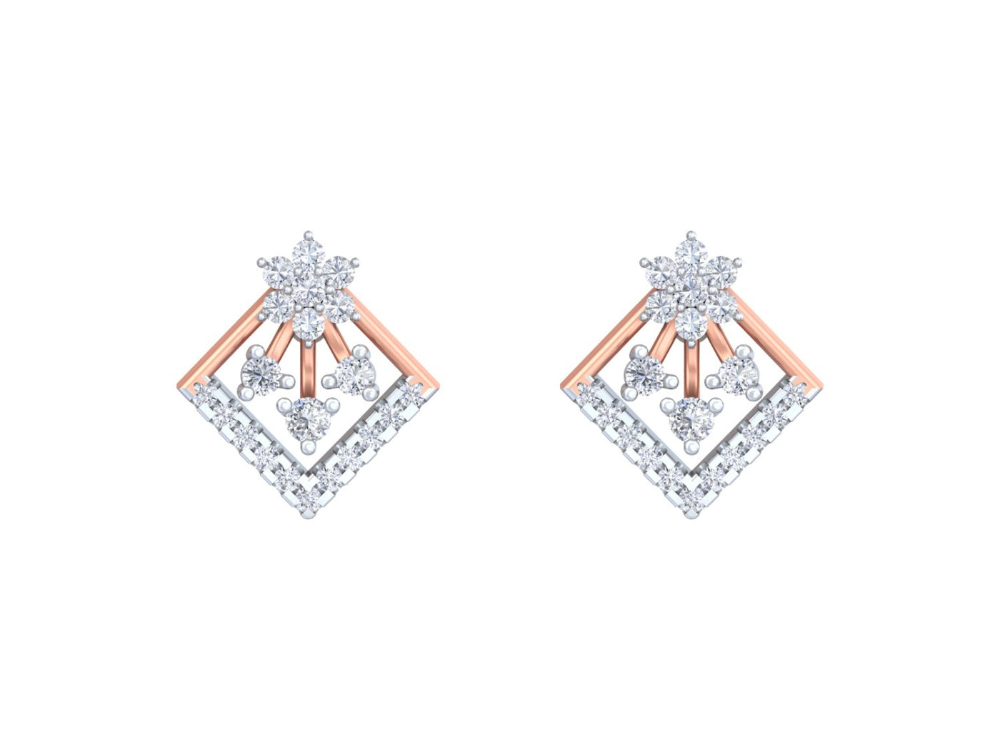 Pair of rose gold and diamond stud earrings on a white background