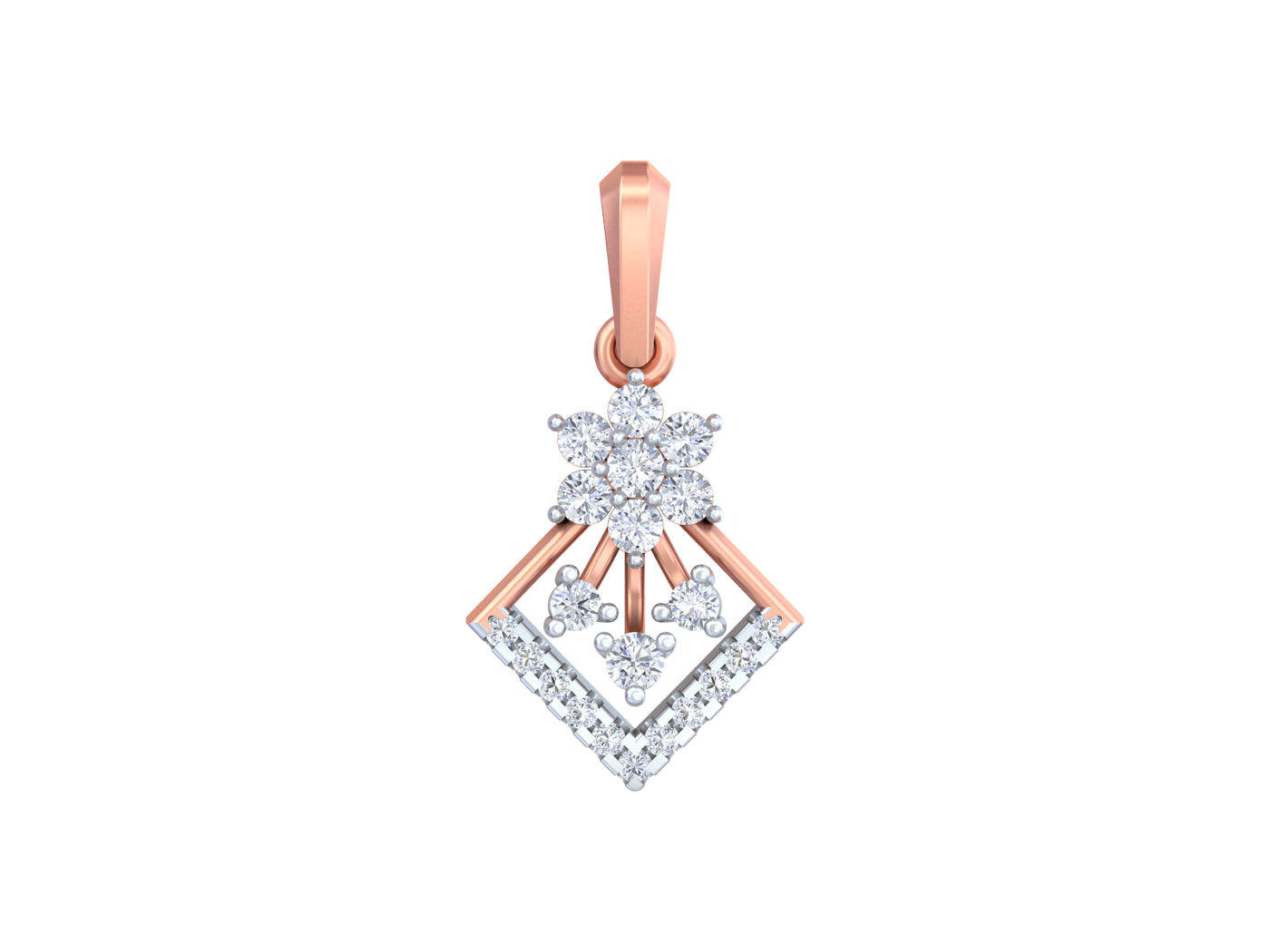 Rose gold and diamond pendant on a white background