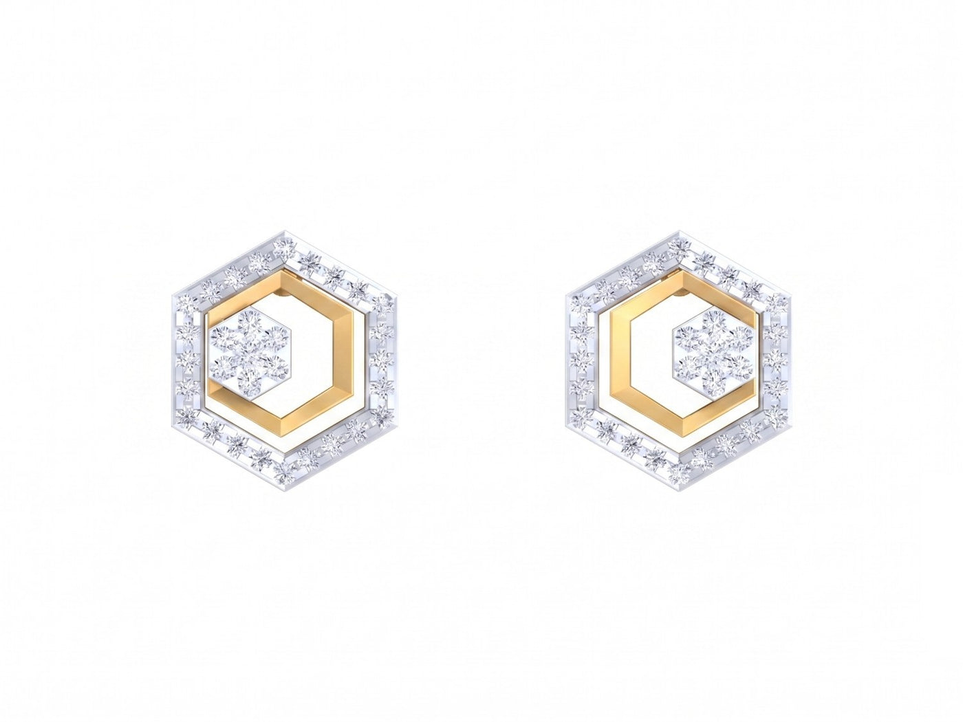 Yellow gold and diamond Hexagonal design earrings on a white background.