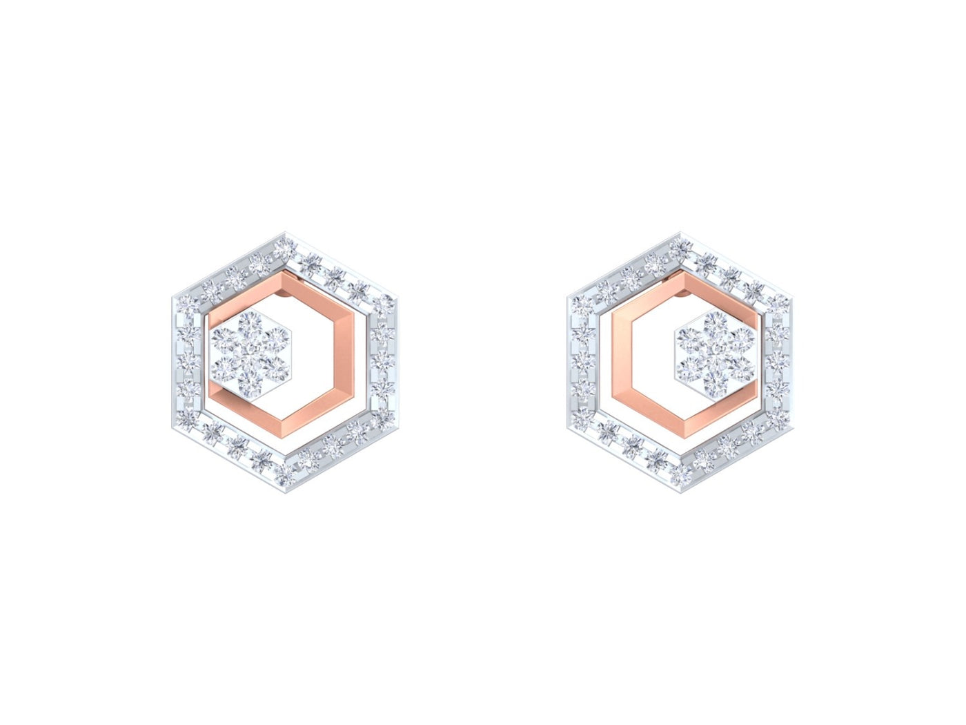 Rose gold and diamond Hexagonal design earrings on a white background.