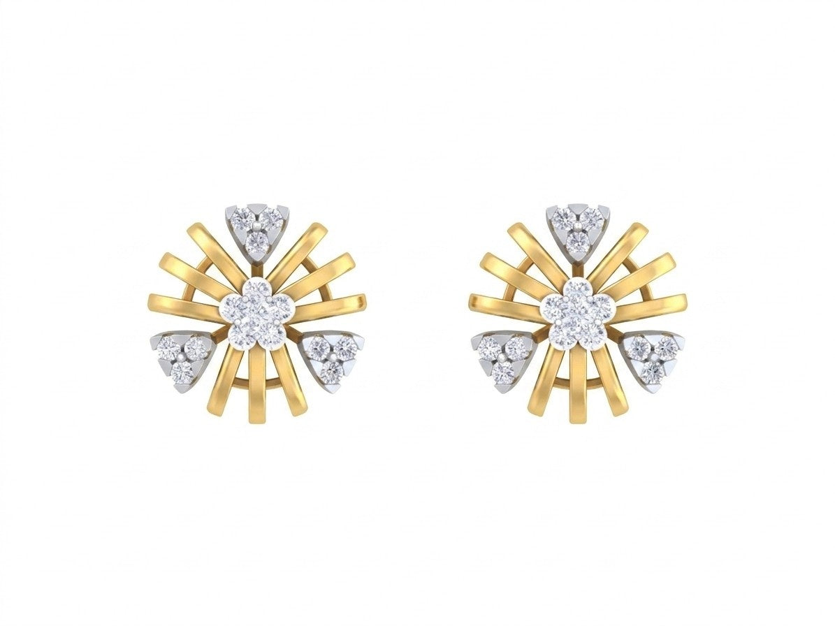 Pair of yellow gold and diamond round-shaped stud earrings on a white background