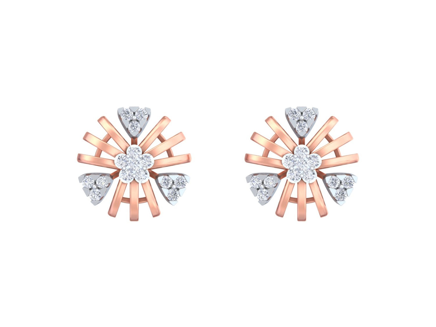 Pair of rose gold and diamond round-shaped stud earrings on a white background