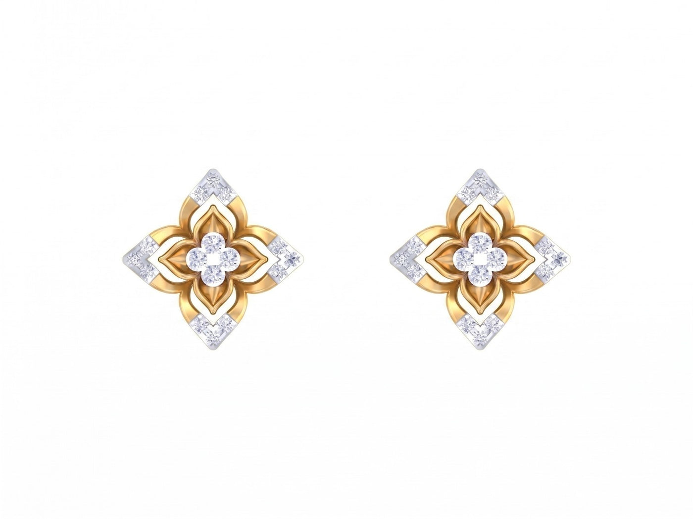 Yellow gold and diamond stud earring with floral-design on a white background.