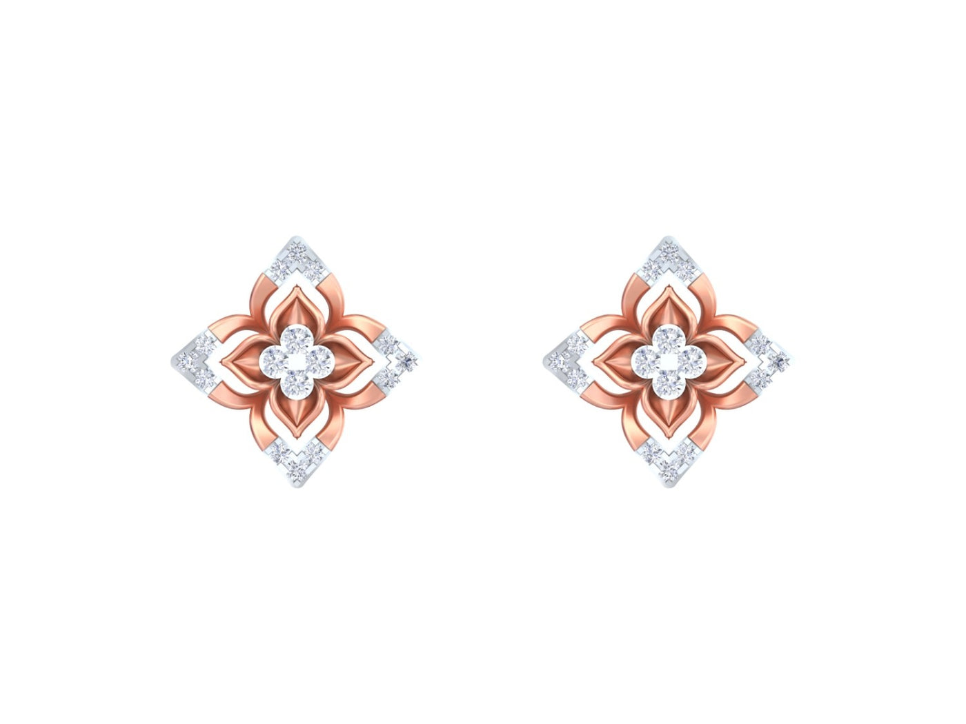 Rose gold and diamond stud earring with floral-design on a white background.