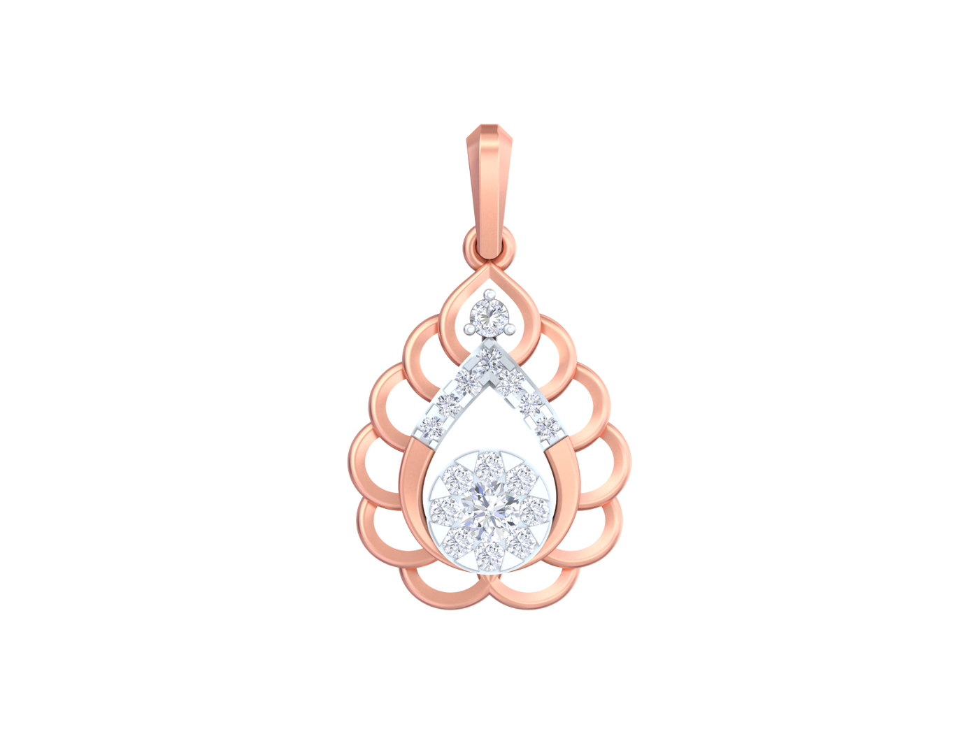 Rose gold pendant with a diamond on a white background