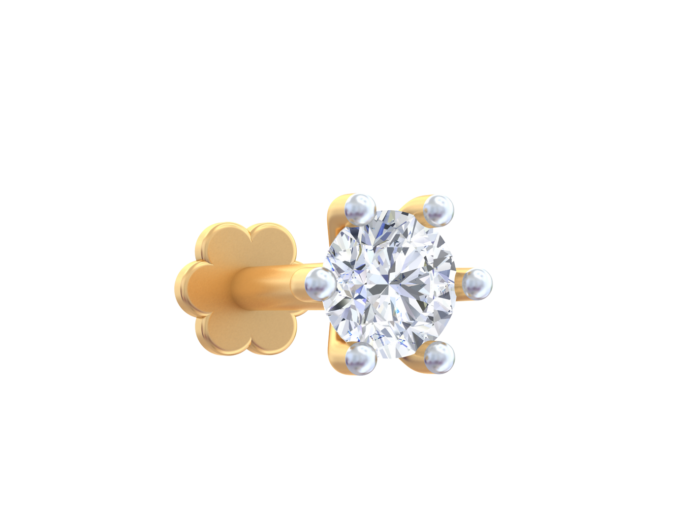 Gold and diamond stud nosepin on a white background