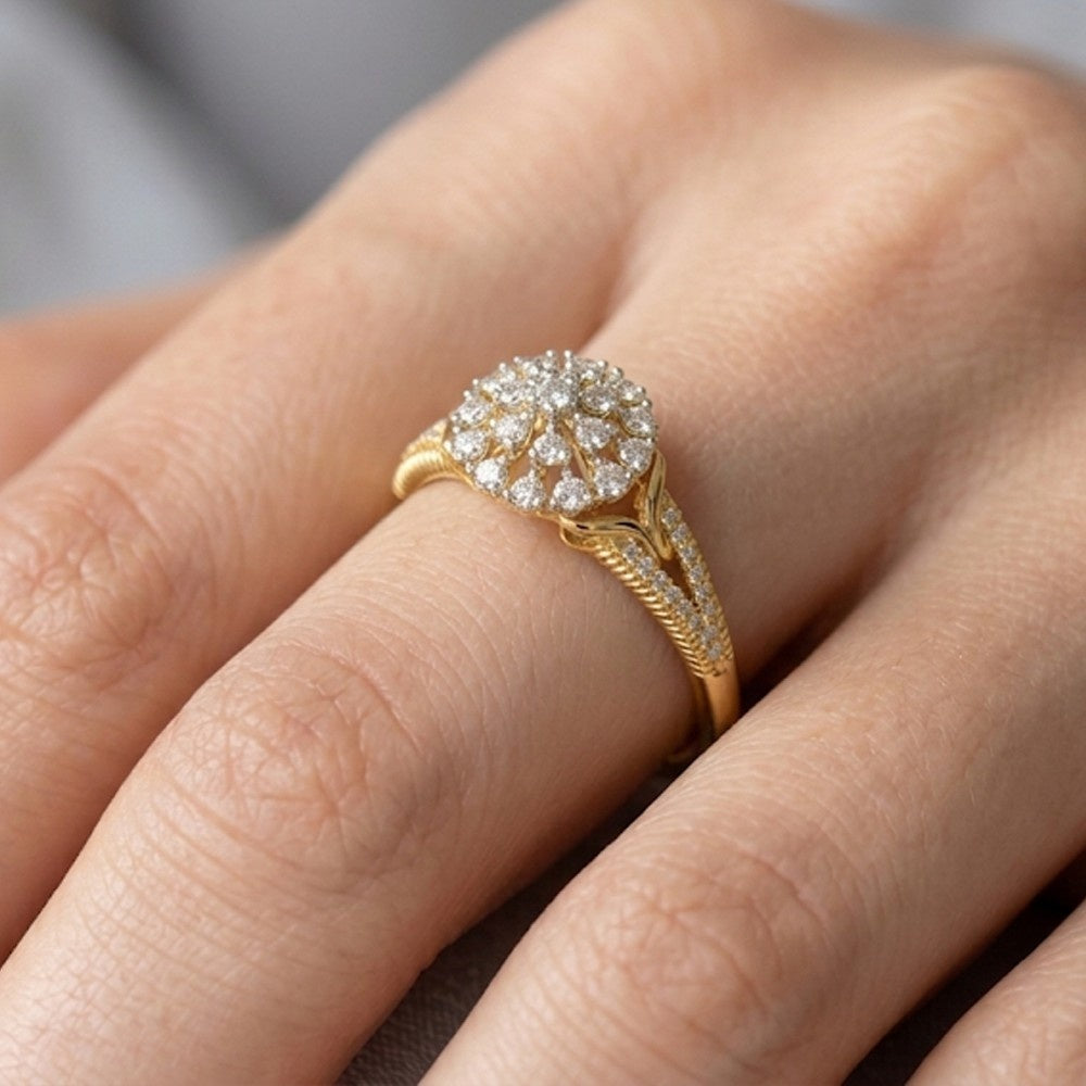 Gold ring with diamonds on a finger