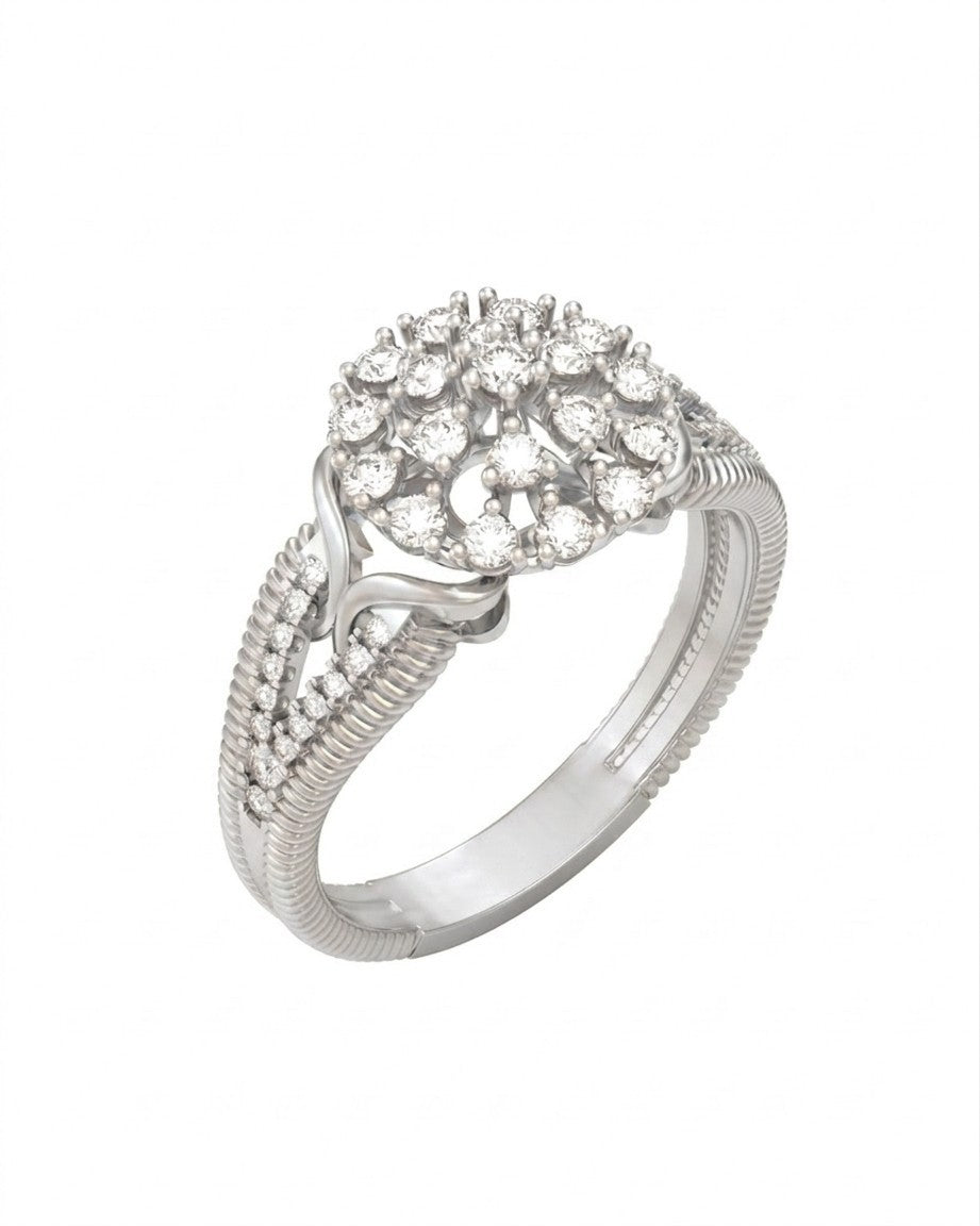 White gold ring with a diamond cluster on a white background