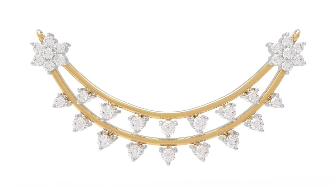 A gold and diamond double-strand mangalsutra featuring rows of small heart-shaped clear gemstones and floral clusters at the ends, set against a plain white background.