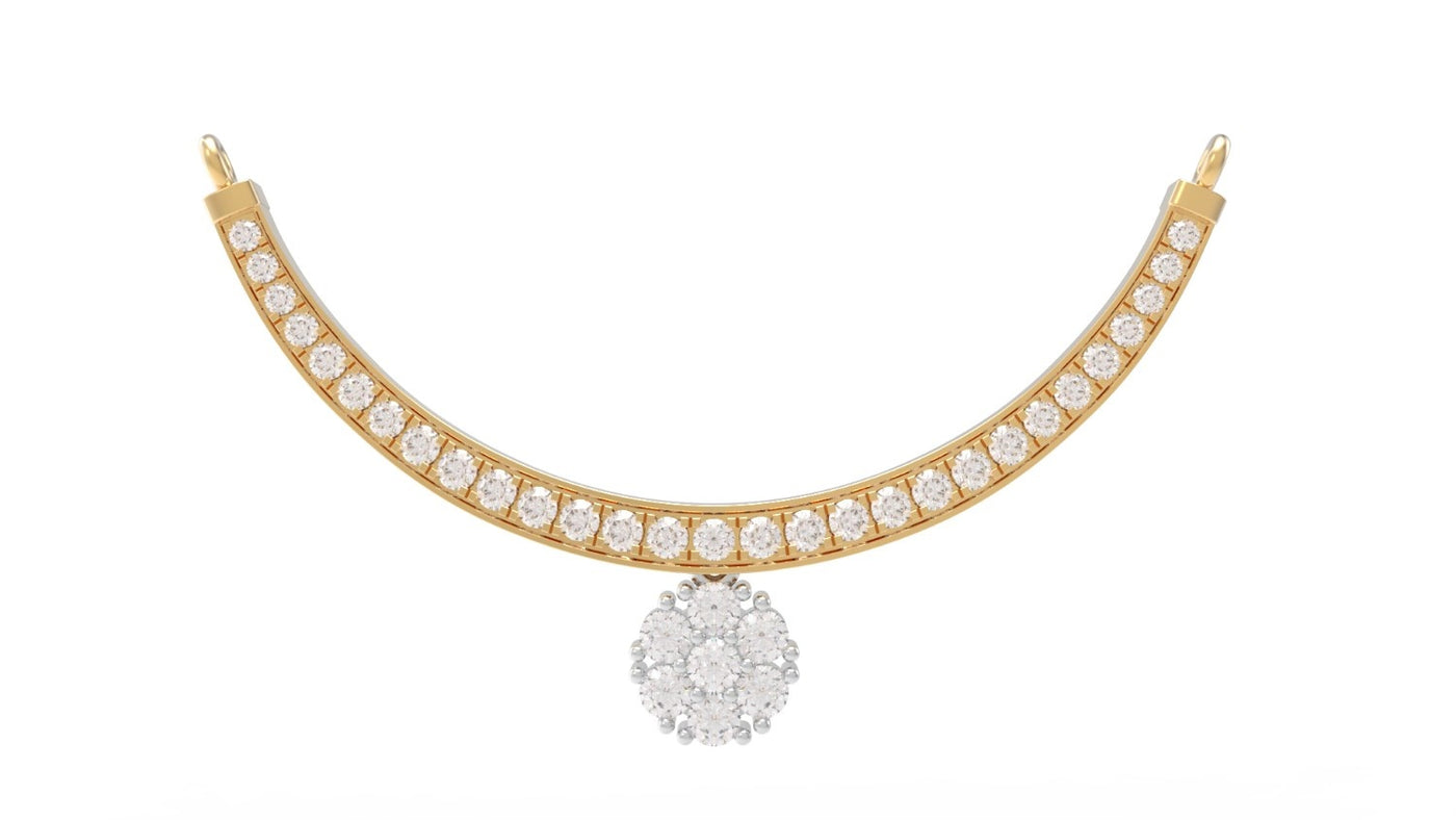 yellow gold and diamond mangalsutra with diamond accents on a white background