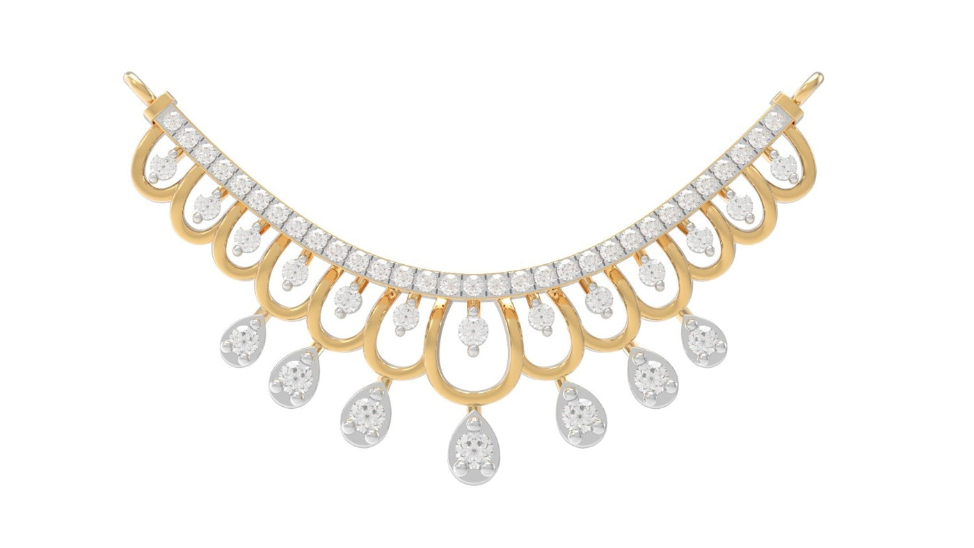 A yellow gold and diamond mangalsutra adorned with clear pavé diamonds and dangling teardrop-shaped diamond charms, shown against a plain white background.