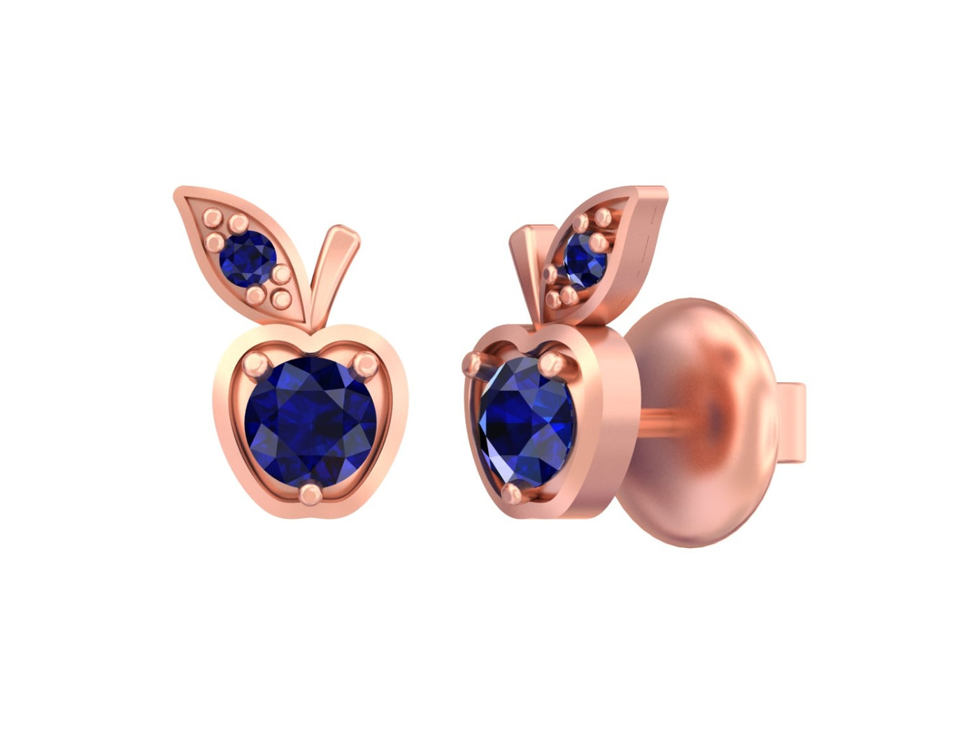 Rose gold and diamond stud earrings with shapphire gemstones on a white background