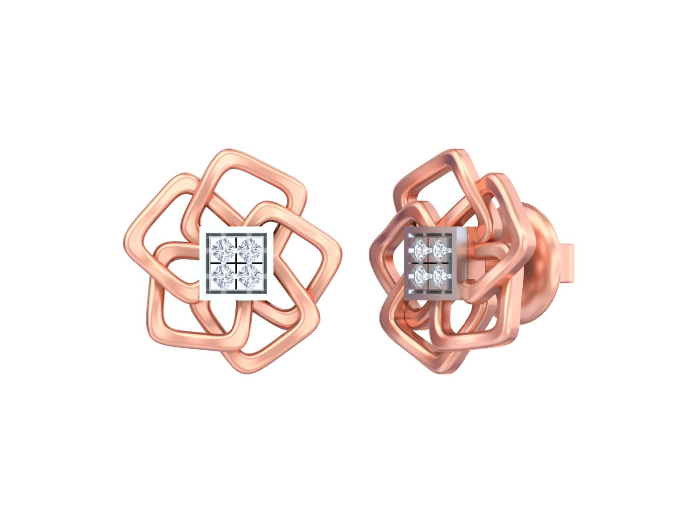 Rose gold and diamond stud  earrings on a white background