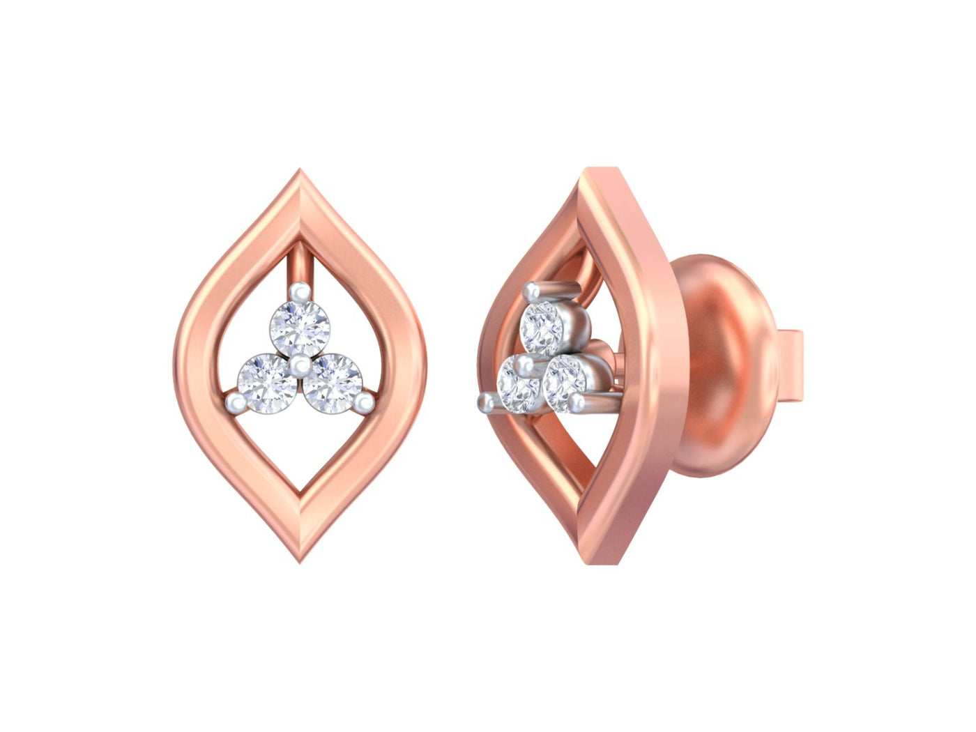 Rose gold and diamond stud earrings with marquise on a white background