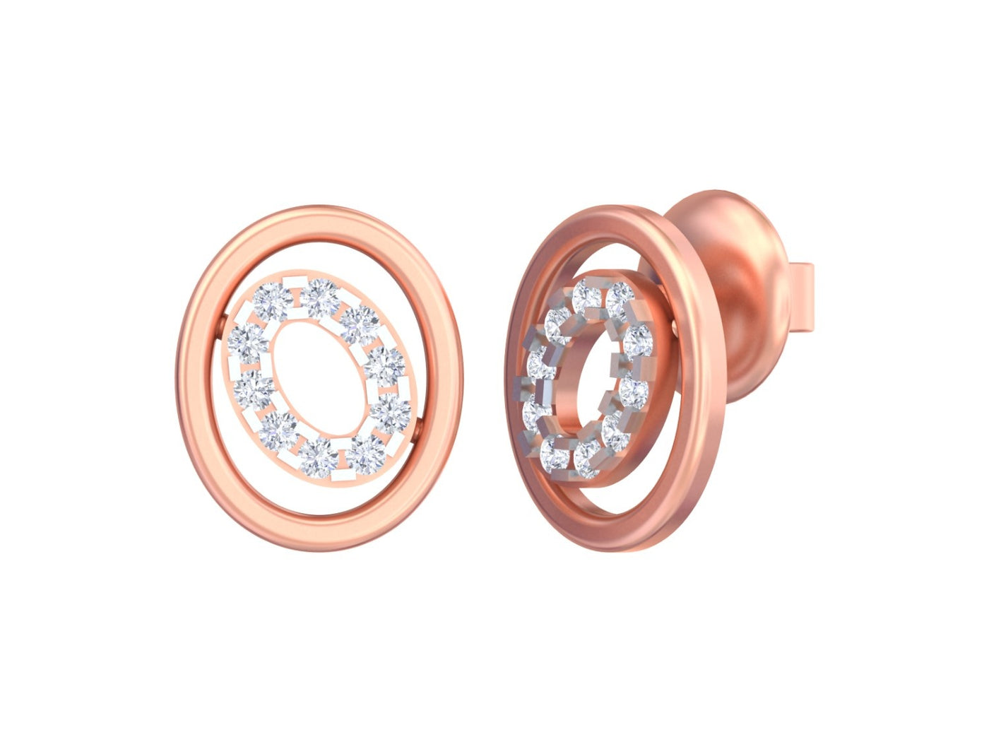 Rose gold and diamond earrings with circular design on a white background