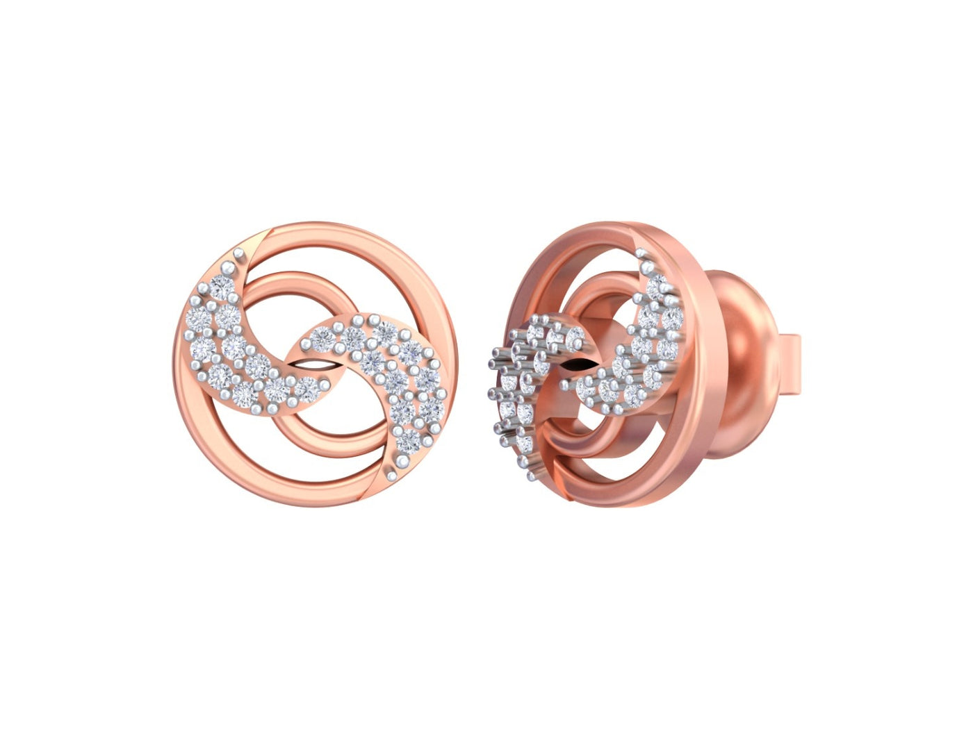 Rose gold and diamond round-shaped stud earring on a white background.