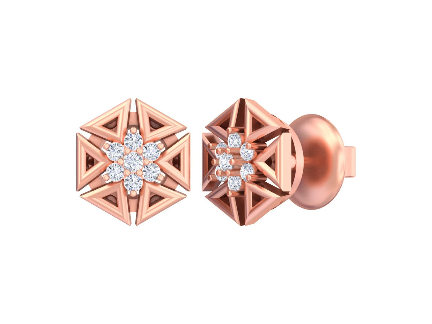 Rose gold and diamond geometric earrings on a white background
