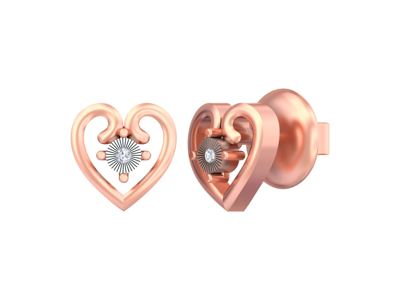 Rose gold and diamond heart-shaped stud earrings on a white background