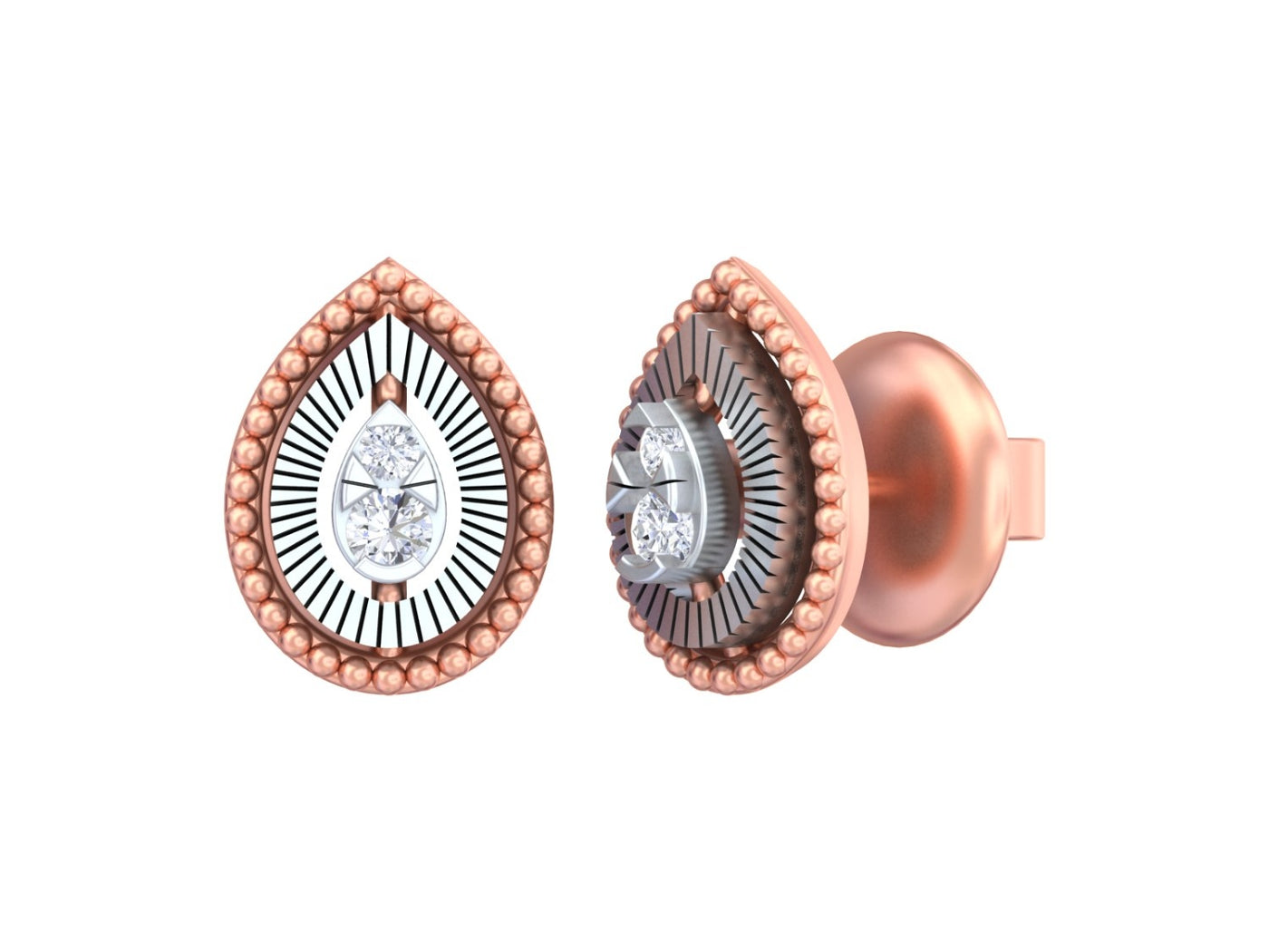 Rose gold and diamond teardrop-shaped stud earring on a white background.