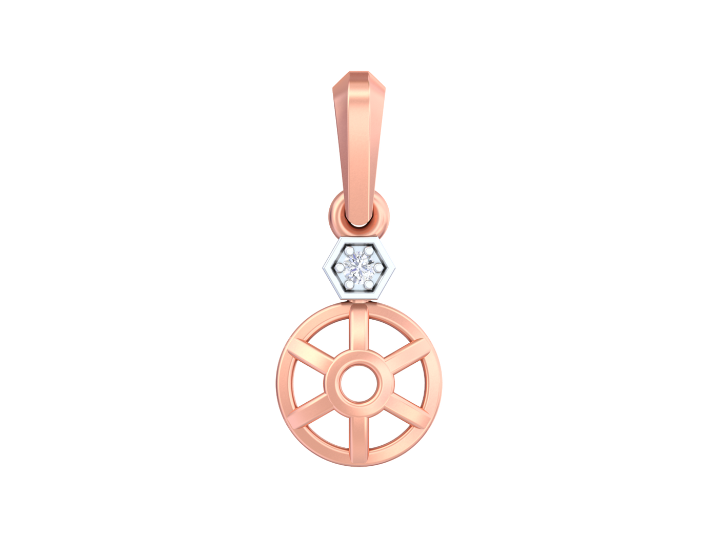 Rose gold pendant with a diamond on a white background