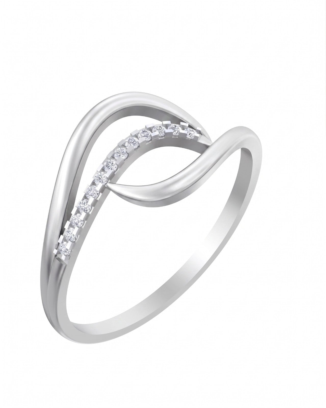 White gold ring with diamond accents on a white background.