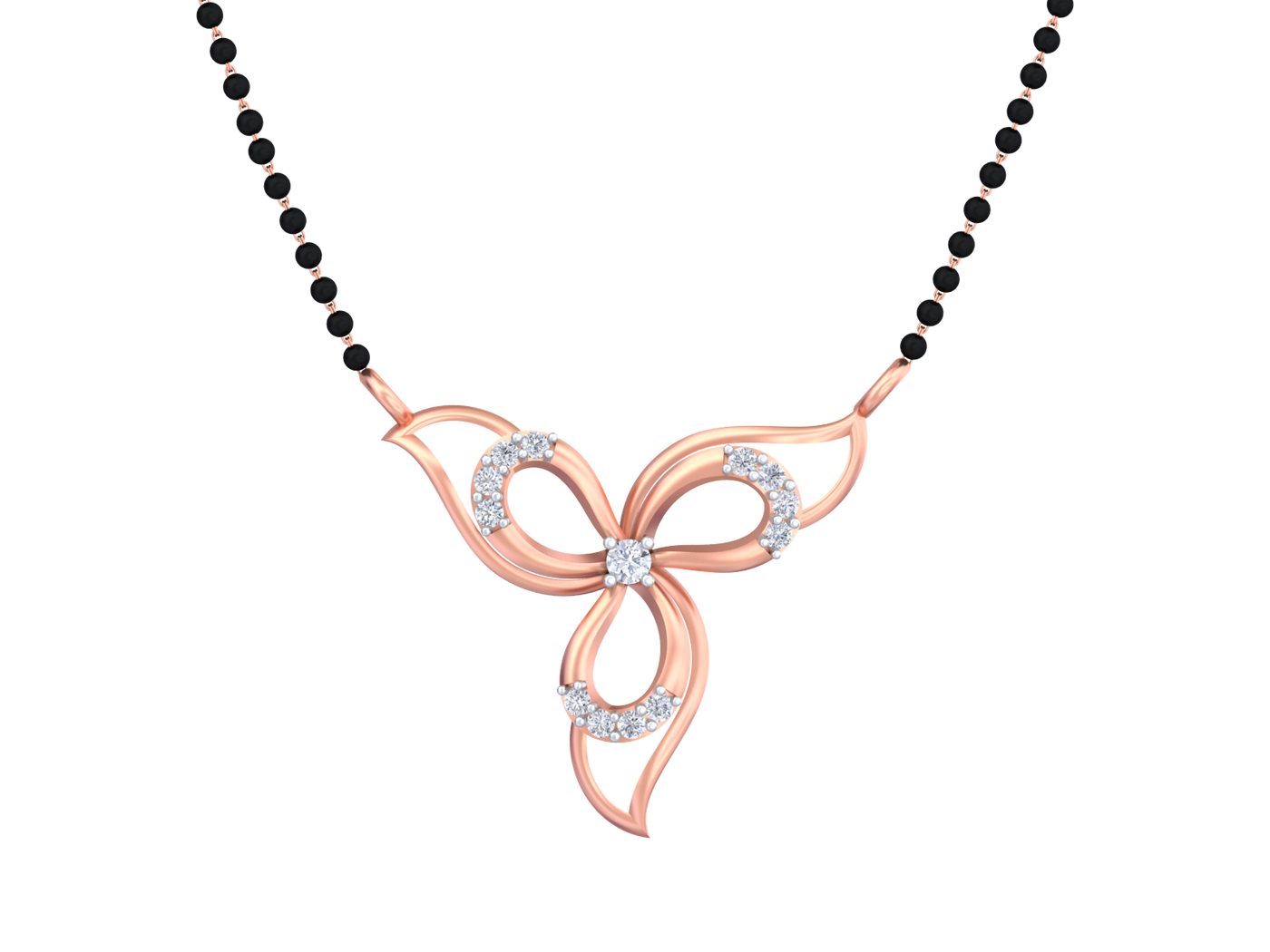 Rose Gold and diamond butterfly mangalsutra on a black beaded against a white background