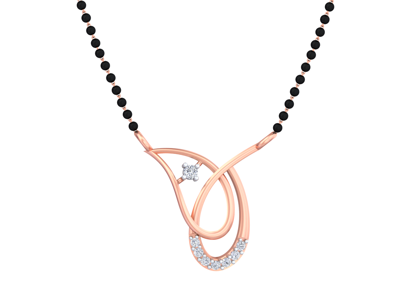Mangalsutra with rose gold clasp and black beads on a white background