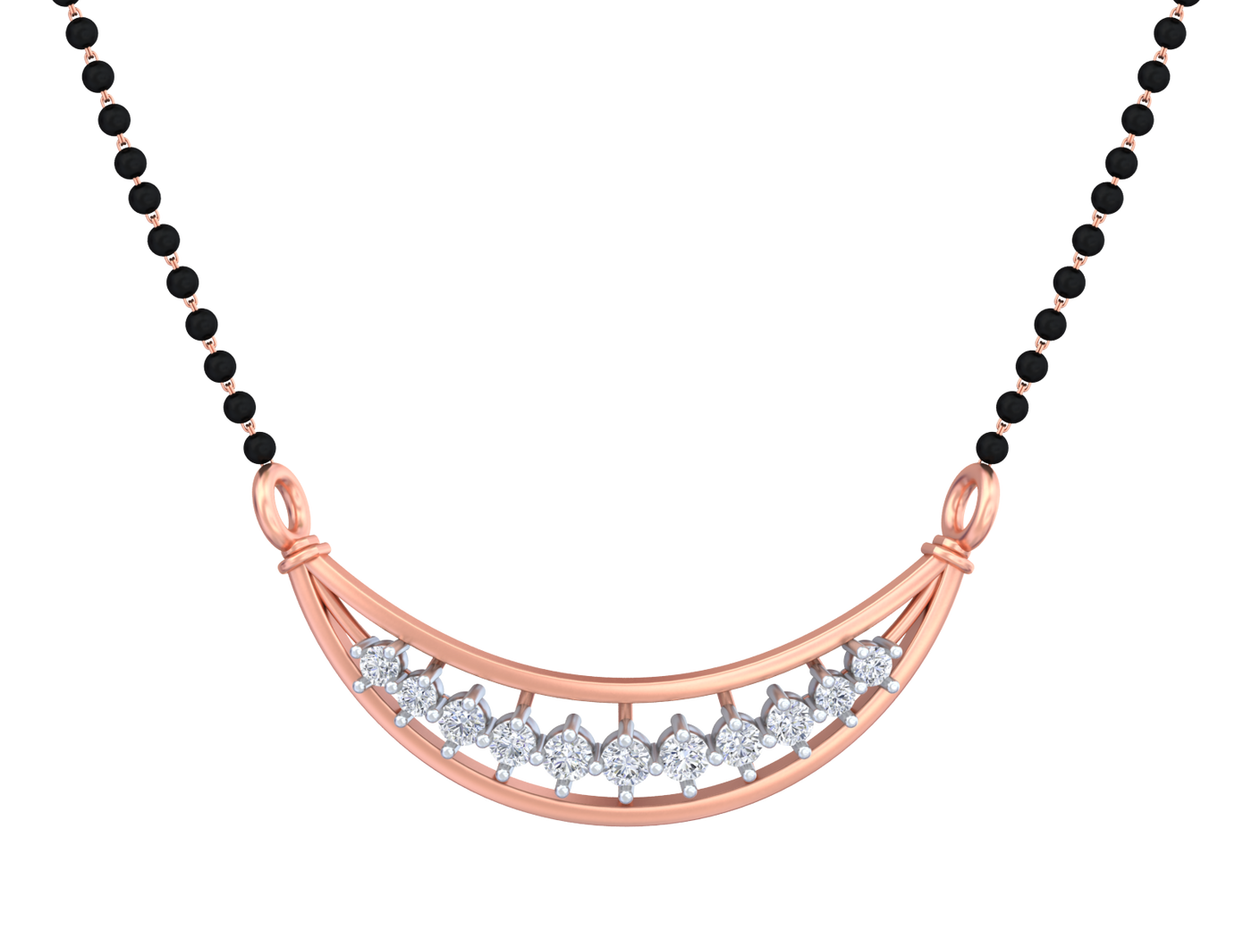 Rose gold and black beaded mangalsutra on a white background