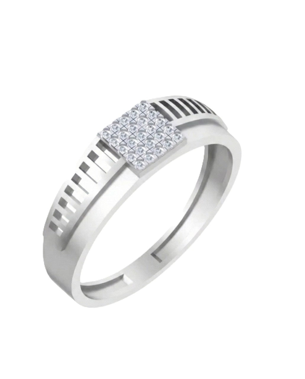 A white gold ring with a square diamond center and a geometric slotted design, shown on a plain white background.