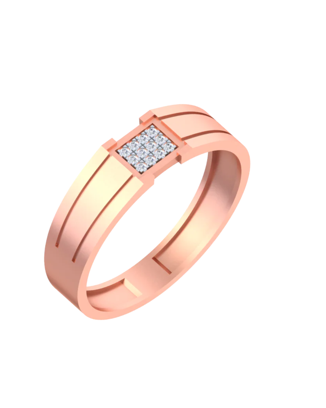 Rose gold ring with diamond accents on a white background