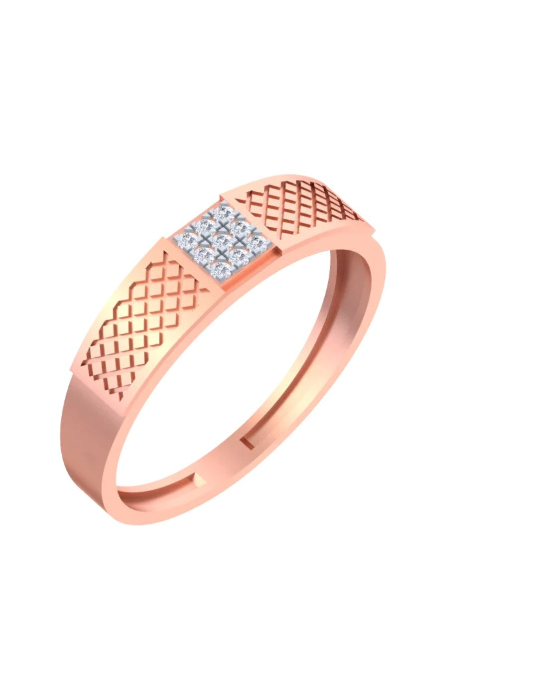 A rose gold ring with a textured and square cluster, shown on a plain white background.