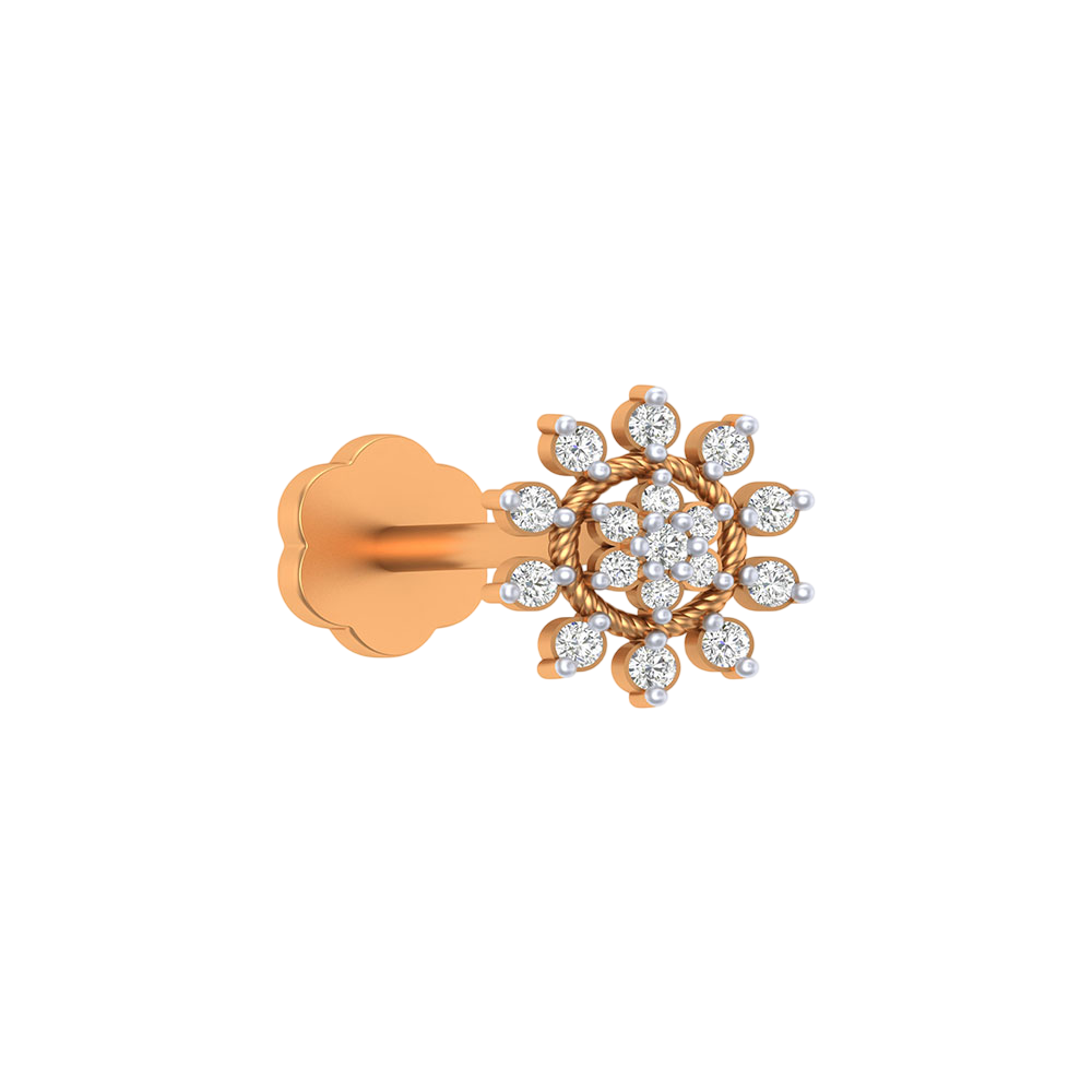 Yellow gold and diamond stud nose pin-like stones on a white background