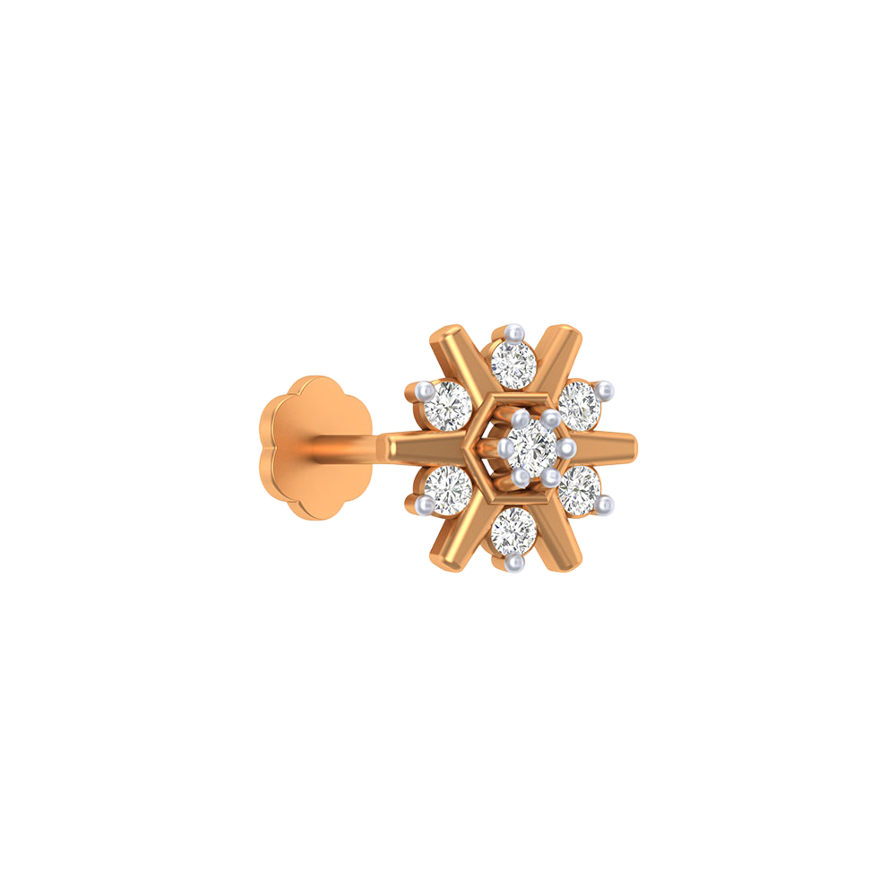 Yellow gold and diamond stud nose pin accents on a white background