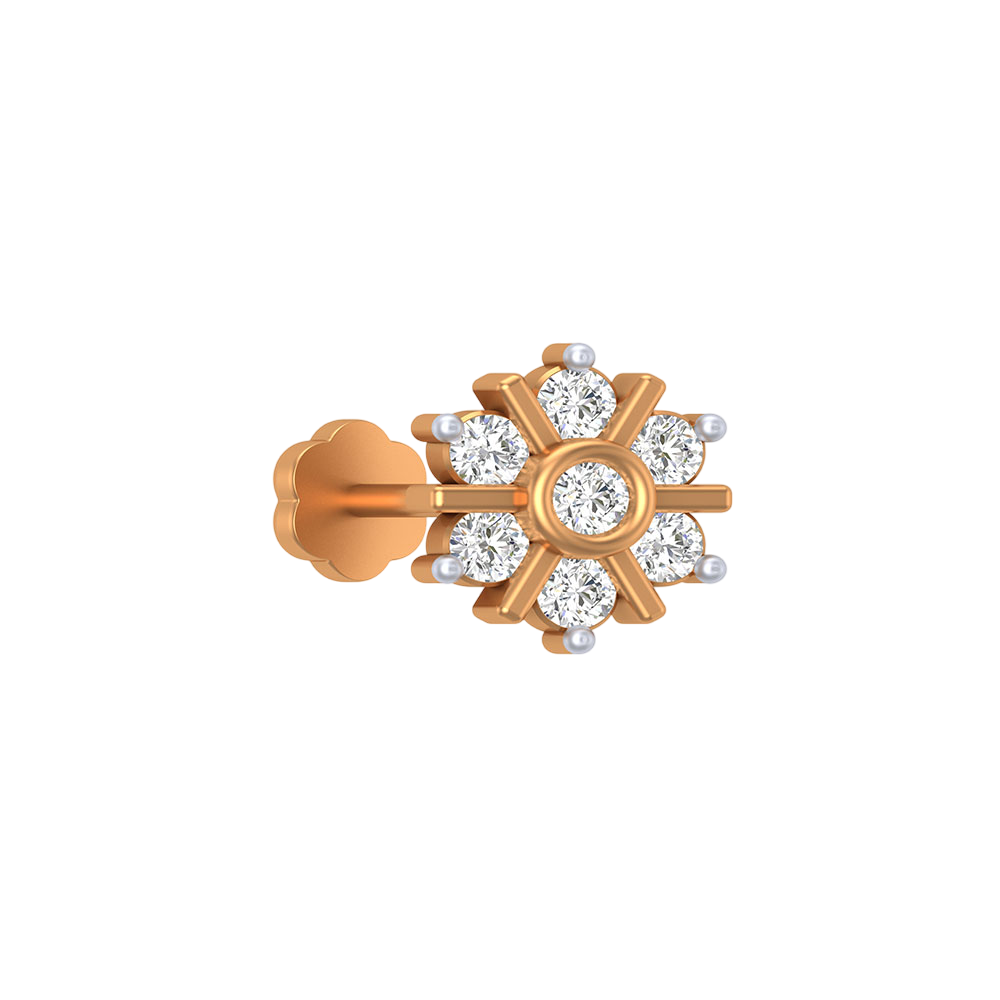 yellow gold and diamond stud nose pin with diamond accents on a white background