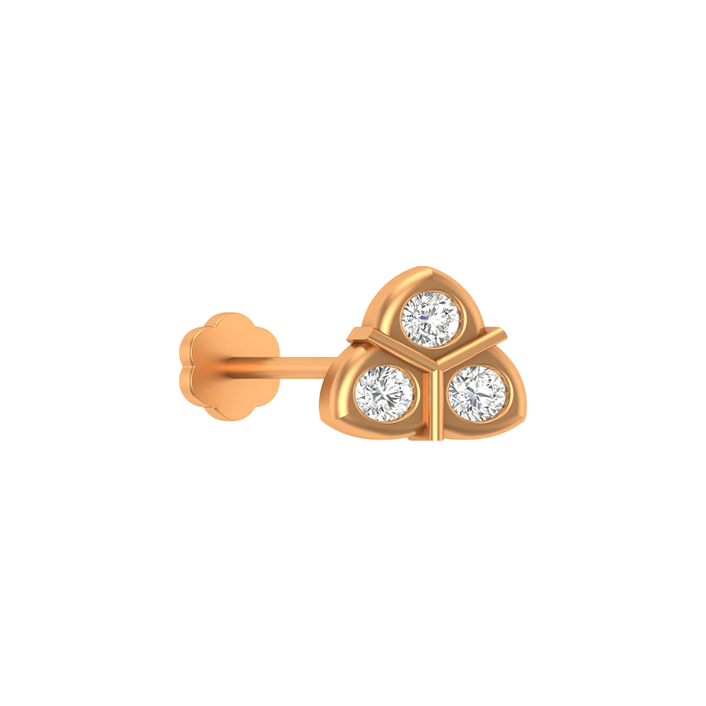 Yellow gold and diamond stud nose pin with three clear gemstones on a white background