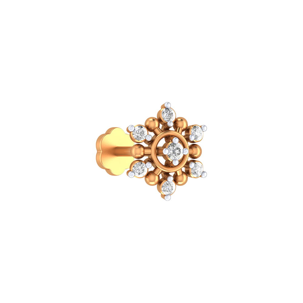 Gold earring with diamond accents on a white background